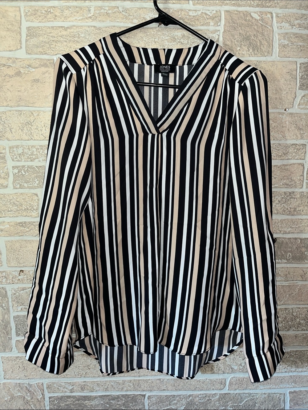 Jones New York Black White Tan Striped V-Neck Blouse